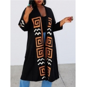 Lovely Casual Geometric Print Black Trench Coat