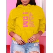 LW Leisure Hooded Collar Letter Print Yellow Hoodi