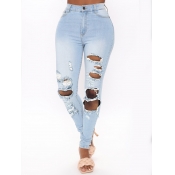 Lovely Street High-waisted Broken Holes Baby Blue 