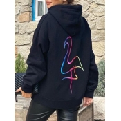 Lovely Casual Hooded Colla Print Black Hoodie