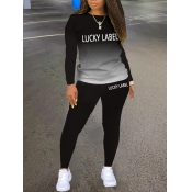 Lovely Casual Gradient Letter Print Black Two Piec
