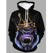 LW Men Street Cartoon Print Patchwork Black Hoodie