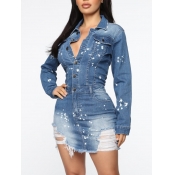 LW Casual Turndown Collar Raw Edge Blue Mini Denim