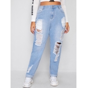 Lovely Casual High-waisted Broken Holes Baby Blue 