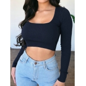 Lovely Casual U Neck Crop Top Black T-shirt