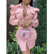 Lovely Stylish Button Ruffle Design Pink Leather