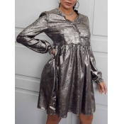 Lovely V Neck Ruffle Design Gold Mini Dress
