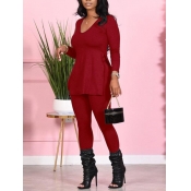 Lovely Casual V Neck Side Slit Red Two Piece Pants