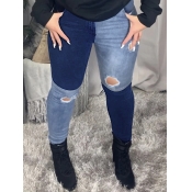 Lovely Street Patchwork Hollow-out Blue Jeans
