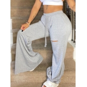 Lovely Street Flared Broken Holes Drawstring Grey 