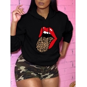 Lovely Casual Hooded Collar Lip Print Black Hoodie