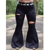 Lovely Casual Flared Broken Holes Black Jeans(With