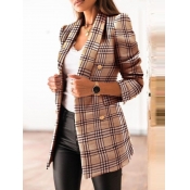 Lovely Stylish Turndown Collar Plaid Khaki Blazer