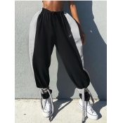 Lovely Casual Elastic Waist Patchwork Black Pants