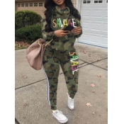 LW Letter Camo Print Striped Tracksuit Set