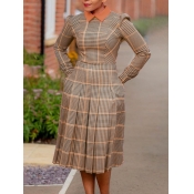 Lovely Stylish Turndown Collar Plaid Print Brown K