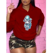Lovely Casual Hooded Collar Print Red Hoodie