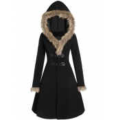 Lovely Casual Hooded Collar Buttong Design Black W