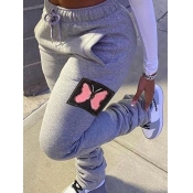 Lovely Casual Mid Waist Butterfly Print Grey Plus 