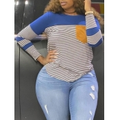 Lovely Casual Striped Patchwork Blue Plus Size T-s