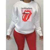 Lovely Casual O Neck Lip Print White Hoodie