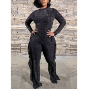 Lovely Casual Flounce Design Patchwork Black One-p