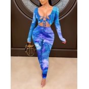 Lovely Sexy Tie Dye Bandage Hollow-out Design Blue