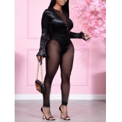 Lovely Sexy O Neck Bell-Sleeve Patchwork Black One