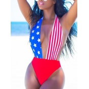 Lovely Sexy American Flag Print Patchwork Red One-