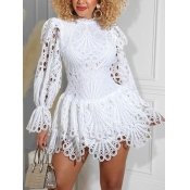 Lovely Sweet O Neck Patchwork Hollow-out White Min