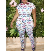 Lovely Casual O Neck Butterfly Print White Plus Si