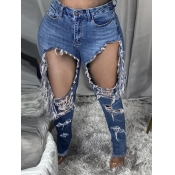 Lovely Street High-waisted Broken Holes Blue Jeans