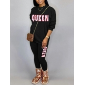 LW Casual Letter Print Black Two Piece Pants Set