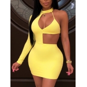 LW SXY One Shoulder Hollow-out Yellow Mini Dress