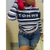 Lovely Casual O Neck Striped Letter Print Grey Plu