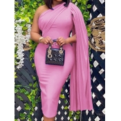 Lovely Elegant One Shoulder Draped Pink Mid Calf P