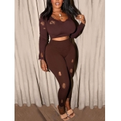 Lovely Casual U Neck Broken Holes Brown Two Piece 