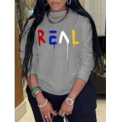 LW Casual O Neck Letter Print Grey Hoodie