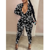 Lovely Street Print Patchwork Black One-piece Jump