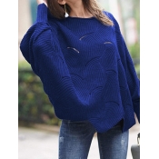 Lovely Casual O Neck Hollow-out Blue Plus Size Swe