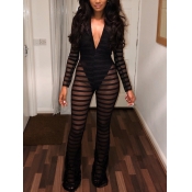 Lovely Sexy Deep V Neck Mesh Patchwork Black One-p