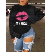 LW Street Lip Letter Print Loose Black Hoodie