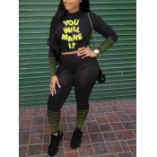 Lovely Street Striped Letter Print Black Two Piece