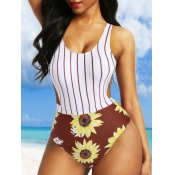 Lovely Chic Striped Sunflower Print Brown One-piec