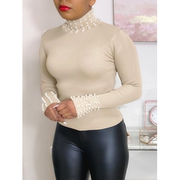 

LW Street Turtleneck Pearl Decorative Apricot T-shirt