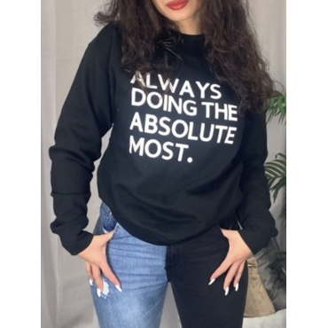 

LW BASICS Casual O Neck Letter Print Black Hoodie