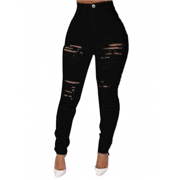

LW Trendy High Waist Broken Holes Pitch-black Jeans