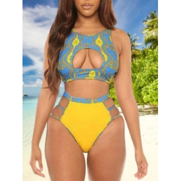 LW Sexy Floral Print Hollow-out Blue Two-piece Swimsuit