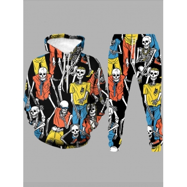 

LW Men Hooded Collar Skull Print Pants Set, Black