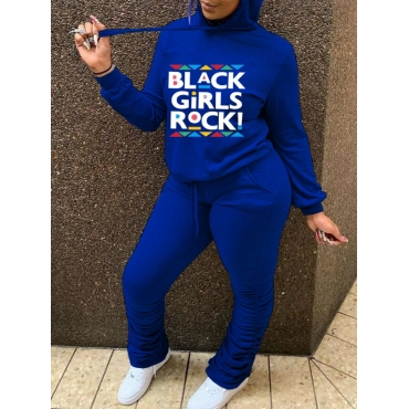 

LW Casual Letter Print Drawstring Dark Blue Two Piece Pants Set